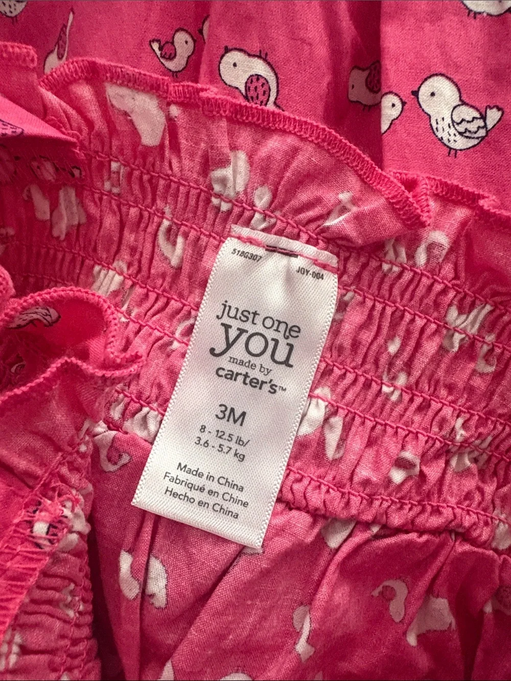 Carter's Hot Pink Smocked Baby One-Piece with White Bird Print